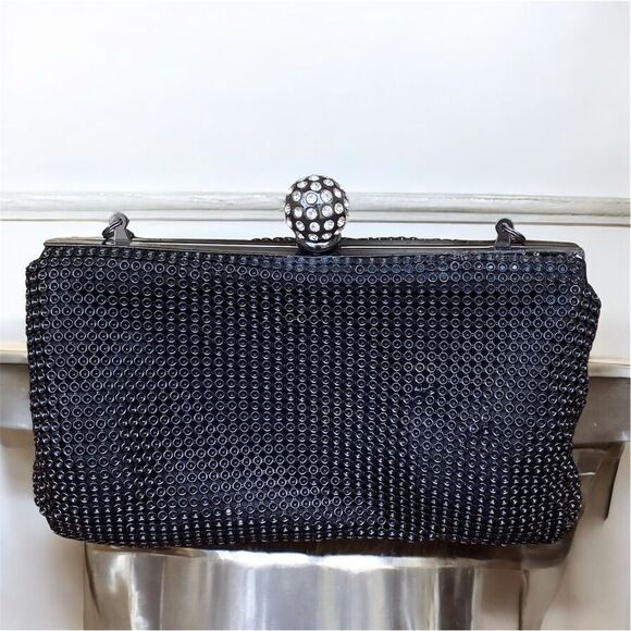 Whiting & Davis Black Shimmer Crystal Ball Clutch/Wristlet Bag. Black Tie - Picture 6 of 10